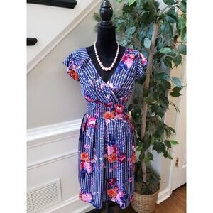 Chris Mclaughlin Sheath Dress Women's 14 Blue Floral Ruffle V-Neck Short Sleeve